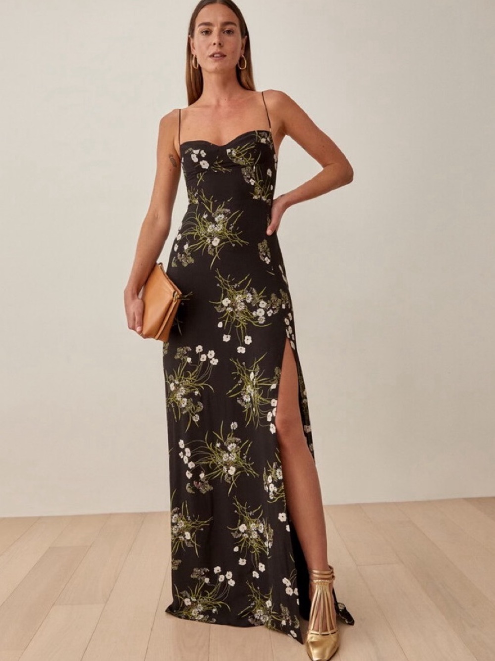 Reformation Black Floral Tie-Shoulder Midi Dress